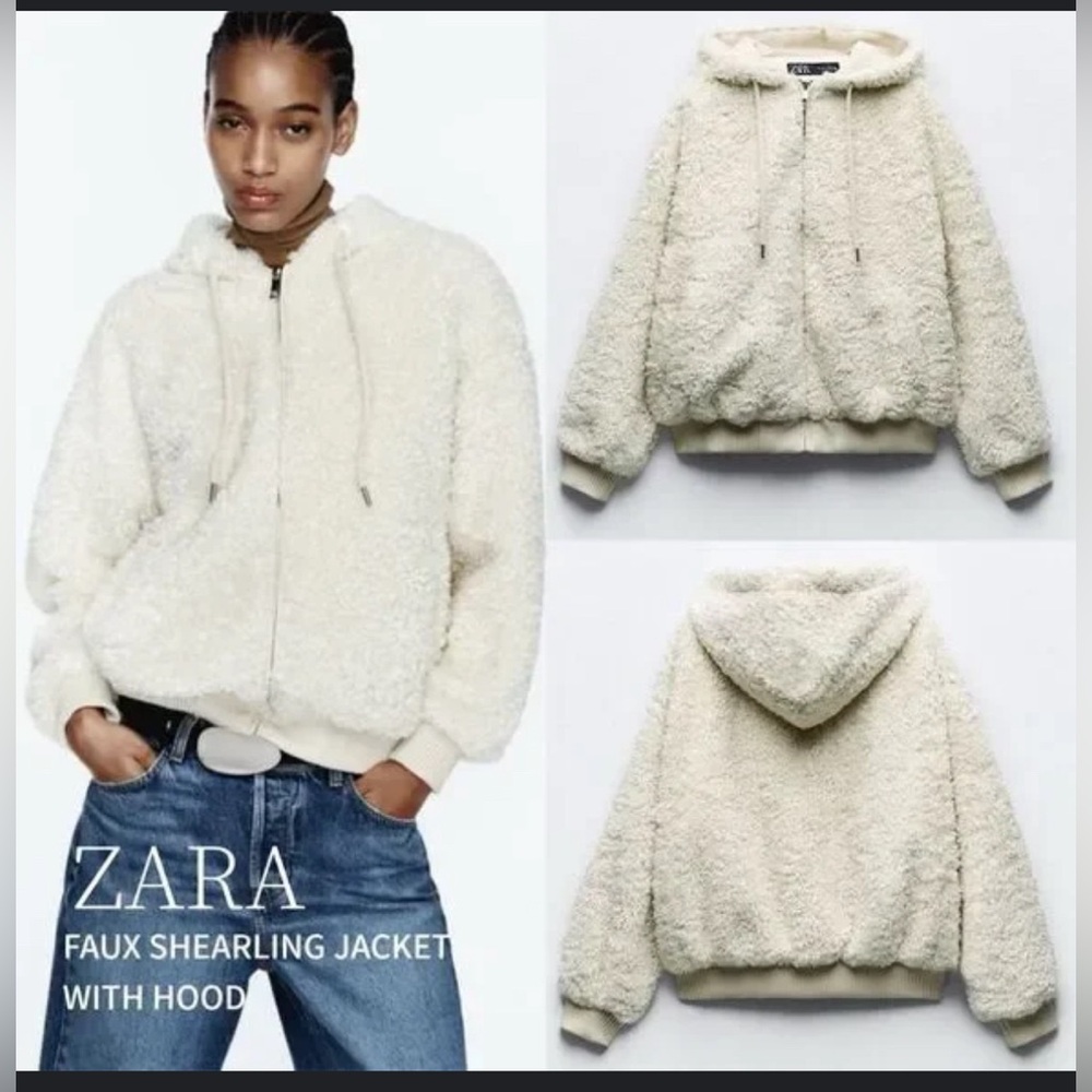 Zara Off-White Teddy Jacket with Hood
